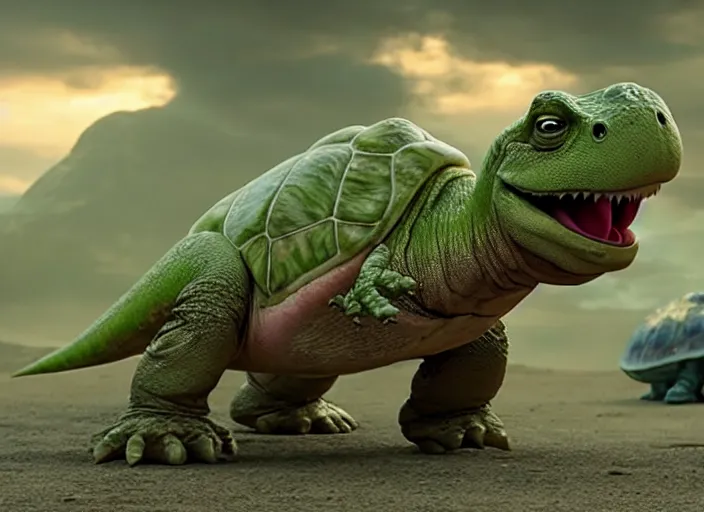 Image similar to film still of yoshi in the new sci - fi movie, cute upright standing upright upright dinosaur standing on its hind legs with a small turtle shell and long tongue, 8 k