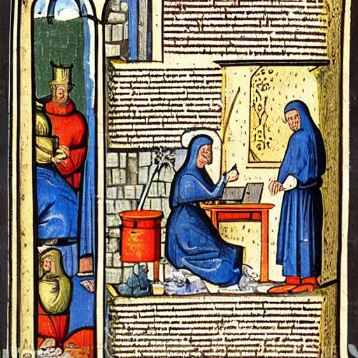 Image similar to advertisement for a laptop computer, medieval illustration, highly detailed historical page