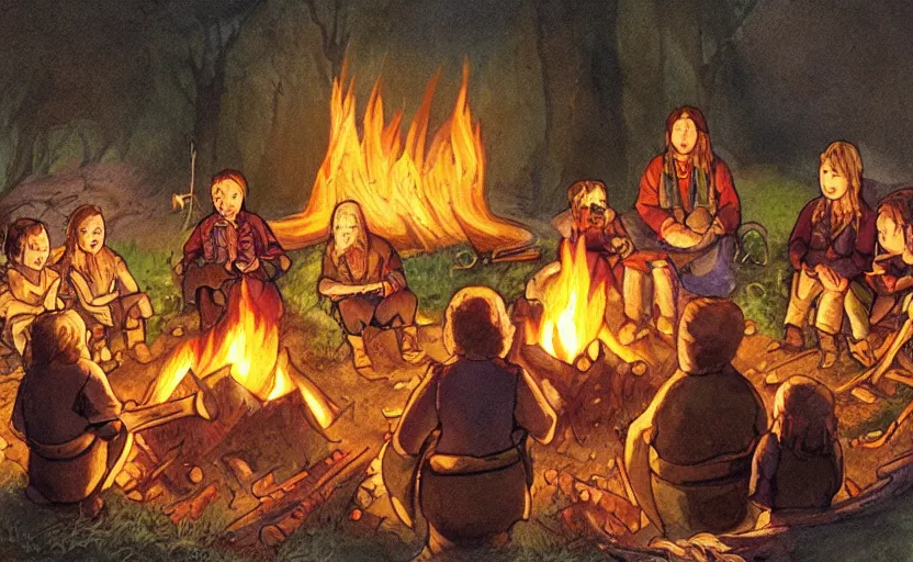 Image similar to childrens book illustration of the fellowship of the ring making s'mores around a campfire