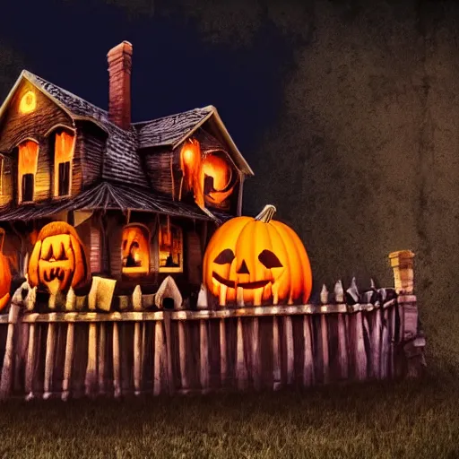 Prompt: creepy haunted house with ghosts pumpkins and skeletons