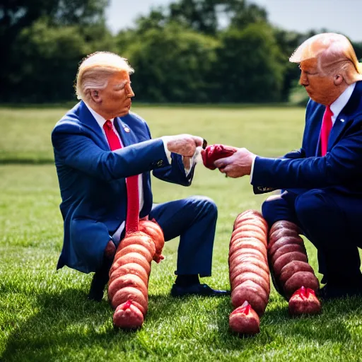 Image similar to Donald Trump and Joe Biden fighting over a sausage, Canon EOS R3, f/1.4, ISO 200, 1/160s, 8K, RAW, unedited, symmetrical balance, in-frame