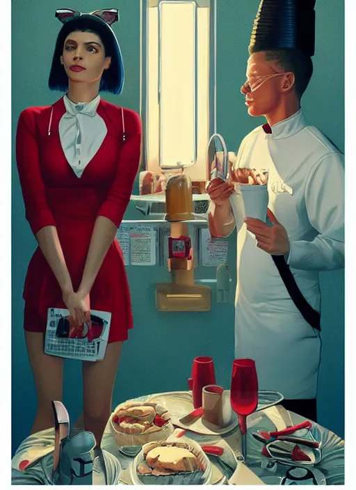 Image similar to poster artwork by Michael Whelan, Bob Larkin and Tomer Hanuka, Karol Bak of Zendaya is a high school student working at the diner wearing waitress dress, from scene from Twin Peaks, simple illustration, domestic, nostalgic, from scene from Twin Peaks, clean