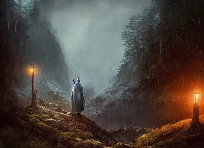 Prompt: gandalf standing up, beautiful landscape, dramatic lighting, cinematic, establishing shot, night time, heavy rain, extremly high detail, photorealistic, cinematic lighting, post processed, concept art, artstation, matte painting, style by greg rutkowsky