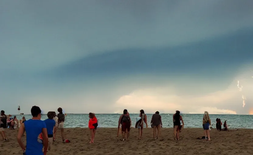 Image similar to sunny day at the beach blue sky big explosion on the horizon and few people watching it war apocalyptic photorealistic