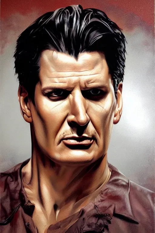 Image similar to expressive exaggerated portait painting of zak bagans by alex ross!!!, phil hale!!!!, visible brush strokes, graphic,'action lines '!!!!, striking, sharp, hd image