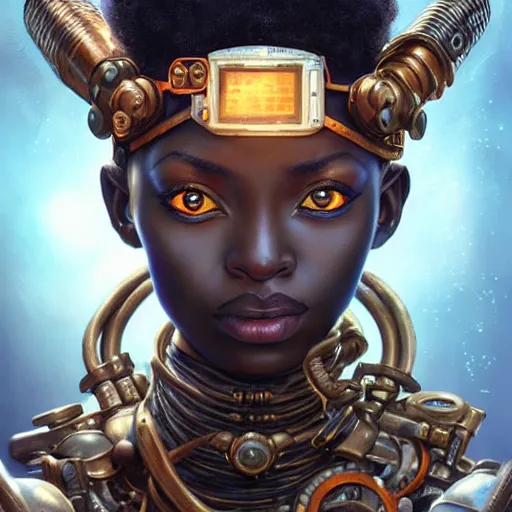 Image similar to african steampunk alchemist, science fiction, highly detailed, digital painting, beautiful eyes, symmetry, concept art, sharp focus, illustration, global illumination, radiant light, detailed and intricate environment, art by artgerm and greg rutkowski and magali villeneuve and ilya kuvshinov!