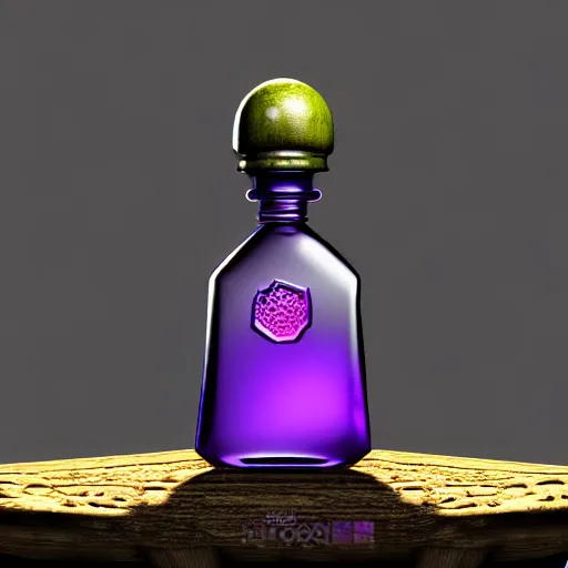 Image similar to hyper realistic and higly detailed deadly poison bottle, purple liquid inside on a design medieval wood table. the bottle is designed like a trendy perfume bottle. background is a laboratory complex architecture mossy stone pilars. professional digital art, dnd style, ultra detailed, trending on artstation, concept art, octane render, unreal engine 5, 8 k rendering.