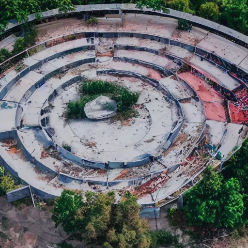 Prompt: ariel view of an abandoned music amphitheater that has been vandalized.