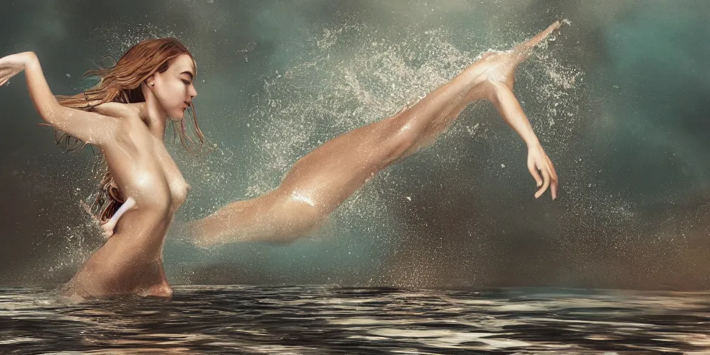 Image similar to a beautiful woman diving into a lagoon, detailed, photorealistic, dramatic