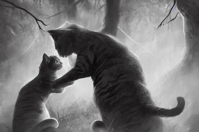 Image similar to two cats fighting in the dark forest, dramatic, backlighting, trending on artstation, digital art, trending on furaffinity, by wayne mcloughlin