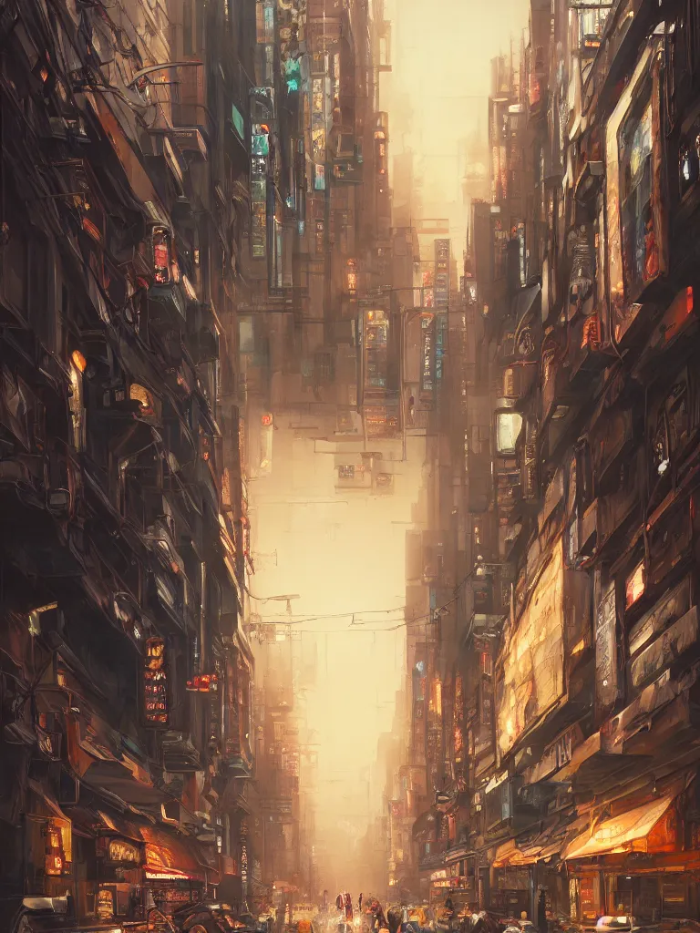 Prompt: an epic painting of the city street, oil on canvas, cold colors, perfect composition, golden ratio, beautiful detailed, photorealistic, digital painting, artstation, concept art, smooth, sharp focus, illustration, cyberpunk background, artstation trending, octane render, unreal engine