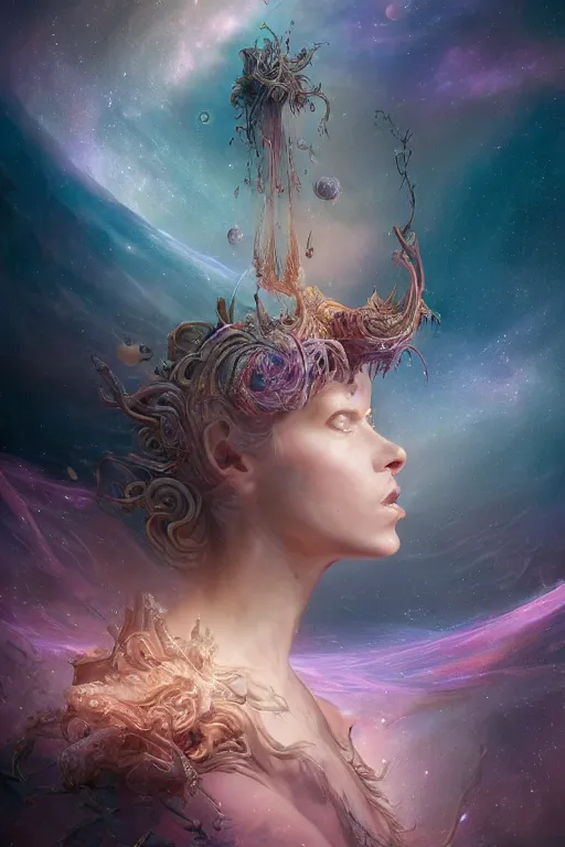 Prompt: mysterious detailed cgi matte painting of a dominique tipper the space empress of the andromeda, by ellen jewett, alessio albi | symmetrical features, photorealism, stunning, ornate, royally decorated, organic, growth, whirling gasses, glowing particles, refractive adornments, colorful torn nebulas, radiant vibrant colors