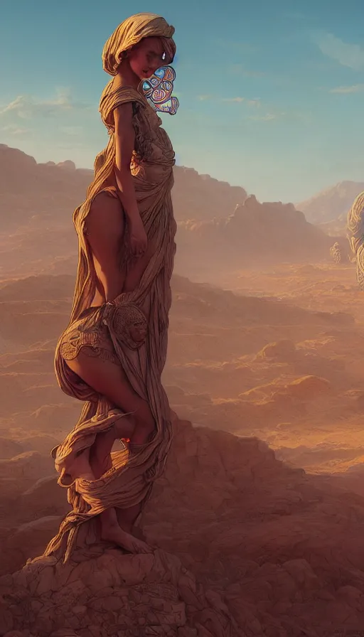 Prompt: giant statues across the desert, neon, fibonacci, girls, sweat drops, insane, pinup, intricate, highly detailed, digital painting, artstation, concept art, smooth, sharp focus, illustration, Unreal Engine 5, 8K, art by artgerm and greg rutkowski and alphonse mucha