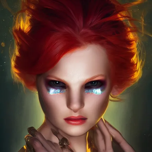 Image similar to redhead vampire sorceress, perfect face viewed in profile, bright glowing purple and red eyes, gold shirt, cinematic, floating ash, stunning, highly detailed, artstation, smooth, hard focus, concept art, art by artgerm and greg rutkowski and alphonse mucha, volumetric lighting, octane render, 4 k resolution, trending on artstation, masterpiece