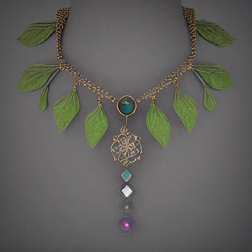 Prompt: intricate! organic, nordic wedding ring, necklace, gemstones, dreamy floral background, refraction, occlusion, lower and upper levels, keyshot render, octane render, vray render