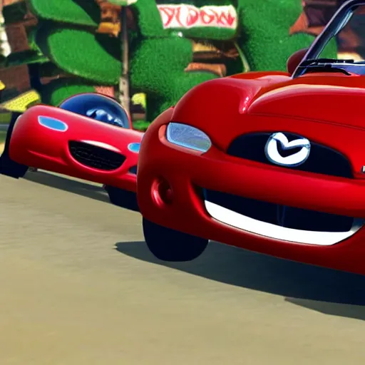 Prompt: mazda miata drifting in mario kart