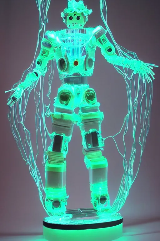 Image similar to full-body rococo and cyberpunk style mint neon and ceramic statue of a muscular attractive Spanish robot god humanoid wearing a thing see-through plastic cloak sim roupa, posing like a super hero, suspended from the sky with thick clear cables, glowing mint face, crown of red steampunk lasers, emeralds, swirling silver silk fabric. futuristic elements. oozing glowing liquid, full-length view. space robots. human skulls. throne made of bones, intricate artwork by caravaggio. Trending on artstation, octane render, cinematic lighting from the right, hyper realism, octane render, 8k, depth of field, 3D