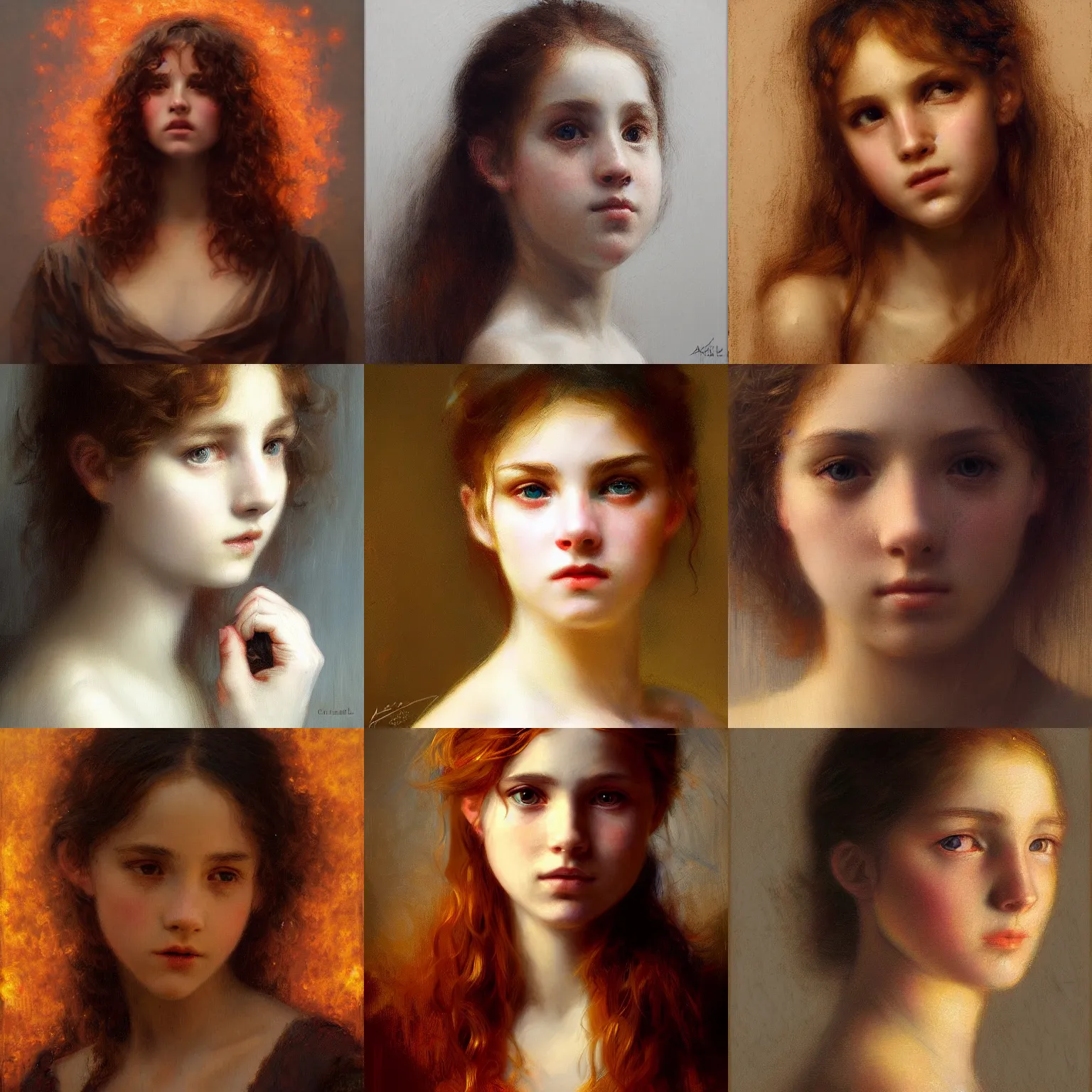 Prompt: a very beautiful portrait of a girl on fire by charles amable lenoir, highly detailed, intricate, sharp focus, award winning art, trending on artstation