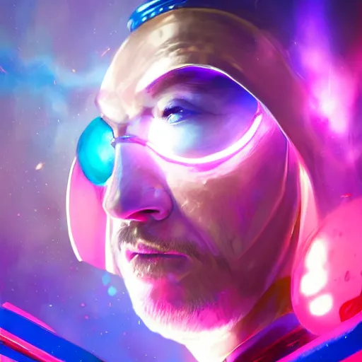 Prompt: a stylized portrait of a kang the conqueror, stylized, arcane magic, blue and purple vapor, neon color, vivid color, lens flare, volumetric light from below, background by justin gerard, hyperdetailed concept art by Ross Tran and Greg Rutkowski, trending on ArtStationHQ, 8k