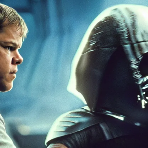 Image similar to matt damon as luke skywalker fighting darth vador in star wars episode 6, 8k resolution, full HD, cinematic lighting, award winning, anatomically correct