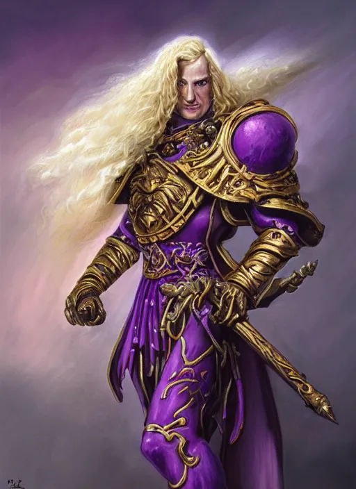 Prompt: Fulgrim a Warhammer 40k paladin, glorious LONG BLOND hair, by Ivan Aivakovsky, by Boris Vallejo, epic fantasy character art, D&D Concept Art, full length, Realistic, Regal, Refined, Detailed Digital Art, Oil Paining, Exquisite detail, post-processing, masterpiece, Cinematic Lighting, Unreal Engine, 8k, HD