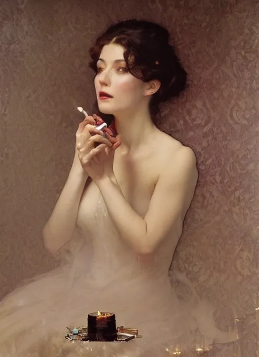 Image similar to a romantic photo of a woman in a dark room wearing lace smoking a cigarette advertisement photography by mucha, nick alm, ruan jia, norman rockwell, greg rutkowski, greg manchess, ethereal, dark, candlelight, pagan, extremely coherent, sharp focus, elegant, sharp features, render, octane, detailed, award winning photography, masterpiece, rim lit