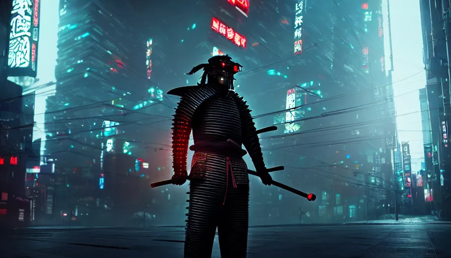 Image similar to a man in samurai armor in night city, samurai mask, cyberpunk horror style, cyberpunk, cyberpunk futuristic neo, detailed and intricate environment, octane render, unreal engine, 4 k, by makoto sinkai