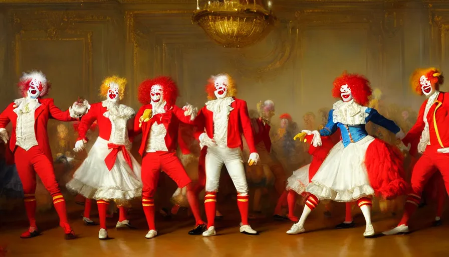 Image similar to highly detailed painting of a group of ronald mcdonald clowns with red afros, white facepaint, red noses and yellow waltzing gracefully at a prestigious event in the ballroom by william turner, by greg rutkowski, by william constable, thick brush strokes and visible paint layers, 4 k resolution