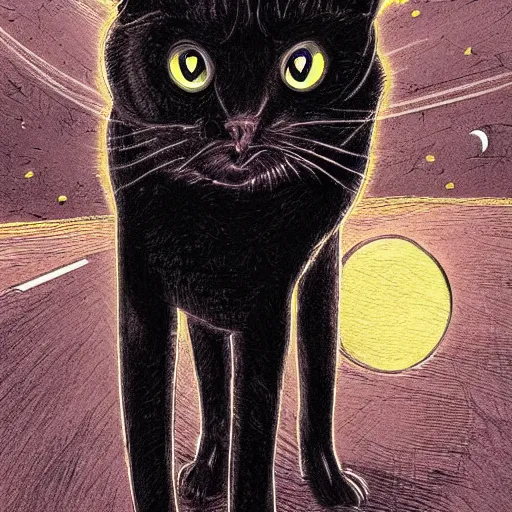 Image similar to an hyper detailed black cat with orange eyes walking through the road during the night under the light of the streetlights and looking at the moon. Realistic. High detail. By Diego Fazio