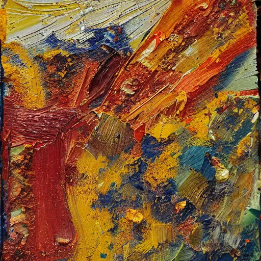 Prompt: oil paint impasto relief, turkish carpet, multi layered tiny thick brush marks, some splattered paint, in the style of ivan shishkin and frank auerbach and van gogh