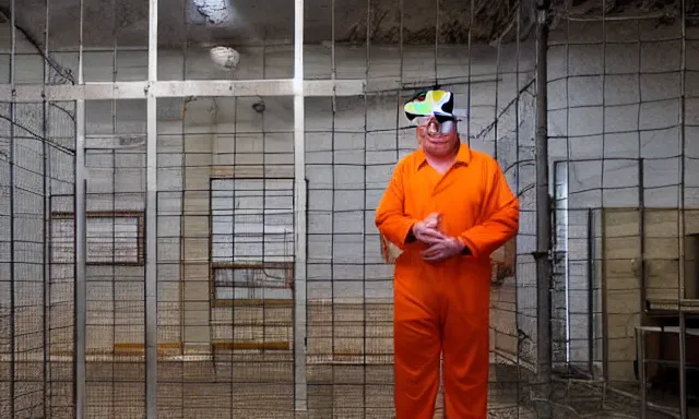 Image similar to full distant shot of a dirty jail cell in guantanamo bay prison with donald trump wearing an orange jump suit crying in it, photograph, realistic, dramatic lighting