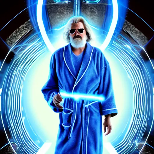 Image similar to dude lebowski dressed in bathrobe played by jeff bridges, stuck in tron realm, photorealistic movie still, detailed 8 k, poster style, high resolution