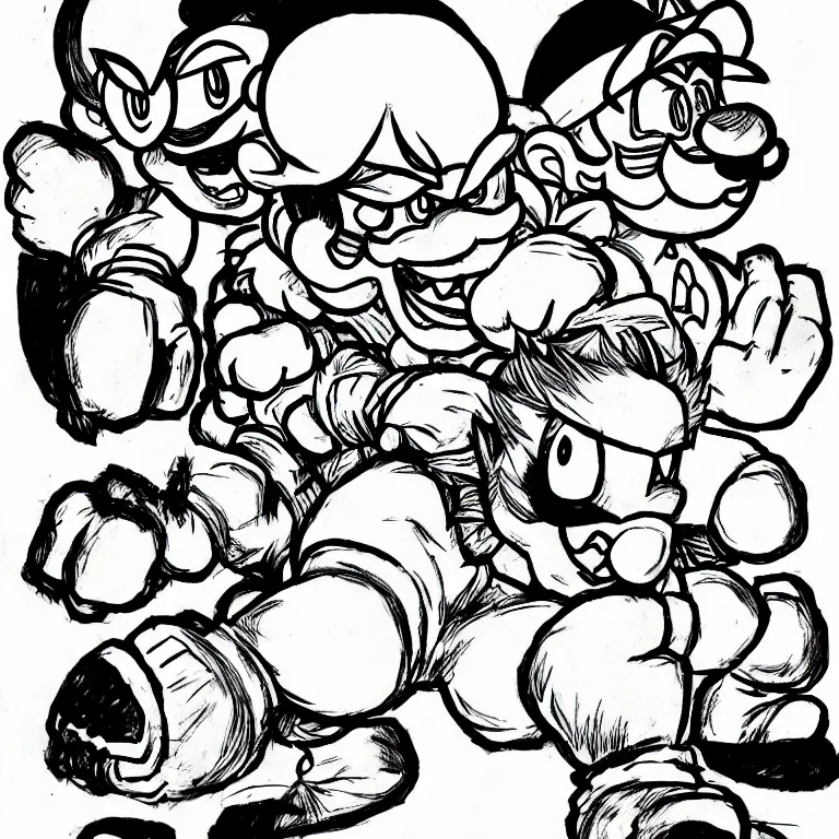 Prompt: Mario fighting Bowser in the style of Junji Itou, black and white, horror, black pen on white paper