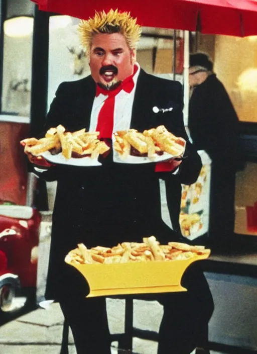 Image similar to vintage mcdonald's commercial depicting guy fieri wearing a tuxedo, by saul leiter