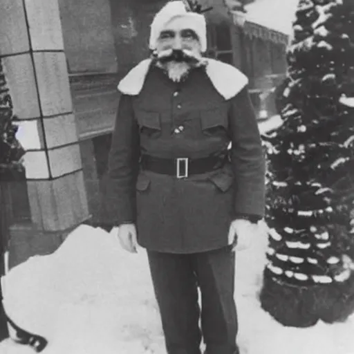 Image similar to stalin standing outside mcdonalds, dressed as santa clause, historical photo