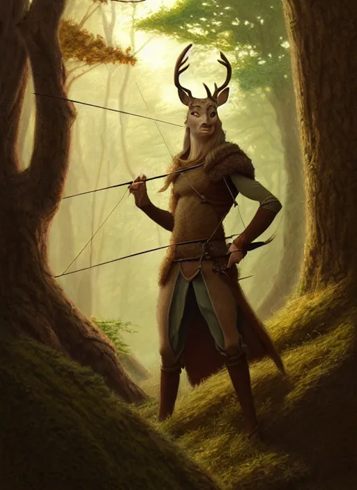 Image similar to a film still portrait of a deer elven archer, finely detailed features, cinematic lighting, perfect art, brian jacques redwall woodland, forest, intricate, artstation, trending on pixiv fanbox, painted by brian jacques greg rutkowski, studio ghibli, fantasy, 4 k