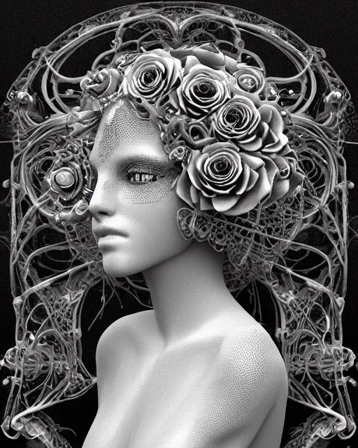 Image similar to mythical dreamy black and white organic bio-mechanical spinal ribbed profile face portrait detail of translucent steampunk beautiful female angelic-human-queen-vegetal-cyborg, highly detailed, intricate trnaslucent ivy jelly ornate, poetic, translucent roses ornate, 3D render, digital art, octane render, 8K artistic photography, photo-realistic, by Dora Maar