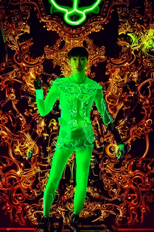 Image similar to full-body bladerunner neon baroque style sculpture of a young handsome Korean prince as a half cibernetic android with a chest opening exposing circuitry and electric sparks, glowing laser beam eyes, crown of giant neon diamonds, flowing neon green colored silk, fabric, raptors. baroque elements. full-length view. mechanical gear neon flowers. intricate artwork by caravaggio. black screen panel for a face. Trending on artstation, octane render, cinematic lighting from the right, hyper realism, octane render, 8k, depth of field, 3D