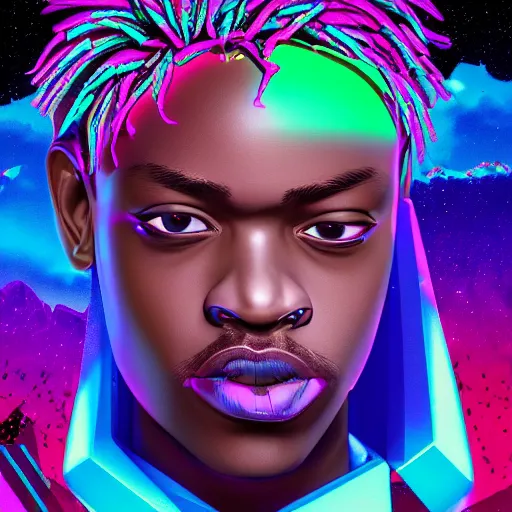 Prompt: synthwave, chromaatic, Juice WRLD face closeup, very detailed, detailed face, 4k