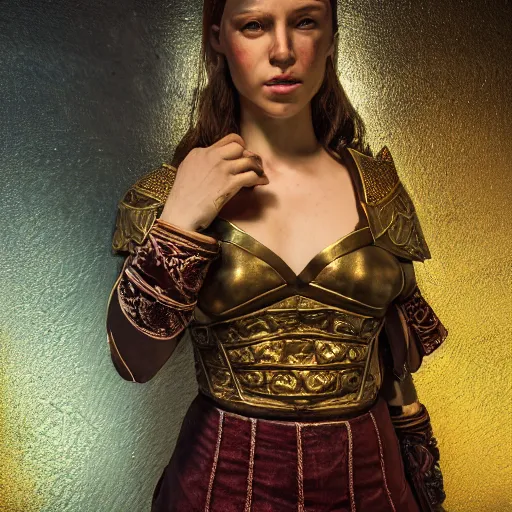 Image similar to the elder scrolls vi, charismatic regal brunette female jarl, ancient greece, mysterious atmospheric lighting, painted, intricate, volumetric lighting, beautiful, rich deep colours masterpiece, golden hour, golden ratio, sharp focus, ultra detailed, by mark kent, jordan lamarre - wan, igor kieryluk, maxim verehin, miranda meeks