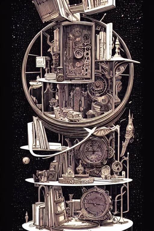 Image similar to a majestic steampunk alchemists bookshelf, two point perspective, furniture, high details, bold line art, by vincent di fate and joe fenton, inking, etching, screen print, masterpiece, trending on artstation, sharp, high contrast, hyper - detailed,, hd, 4 k, 8 k