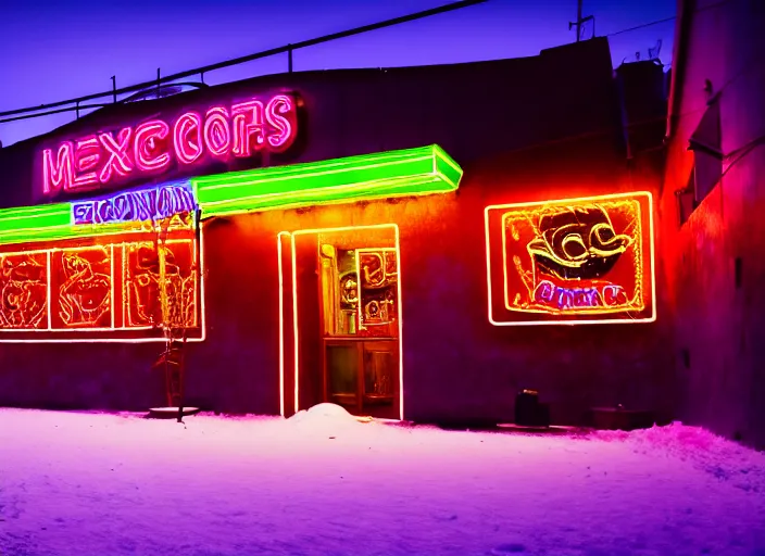 Prompt: photo of a mexican restaurant, neon lights, in a flat snowy field. 35mm. Very detailed 8k. Sharp. Cinematic post-processing. Unreal engine. Nanite. Ray tracing. Parallax. Tessellation