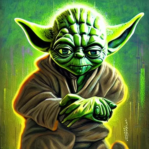 Image similar to yoda terminator, graffiti city covered in vegetation, highly detailed, smooth color composition, digital art masterpiece