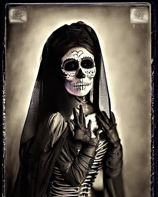 Image similar to tintype religious veil woman in dia de muertos dress and makeup high quality photo, microchip, artificial intelligence, bio - mechanical bio - luminescence, black wired cables, neurons, nerve cells, cinematic, rim light, photo - realistic, high detail, 8 k, masterpiece, high fashion, in the style of steven meisel dora maar h. r. giger