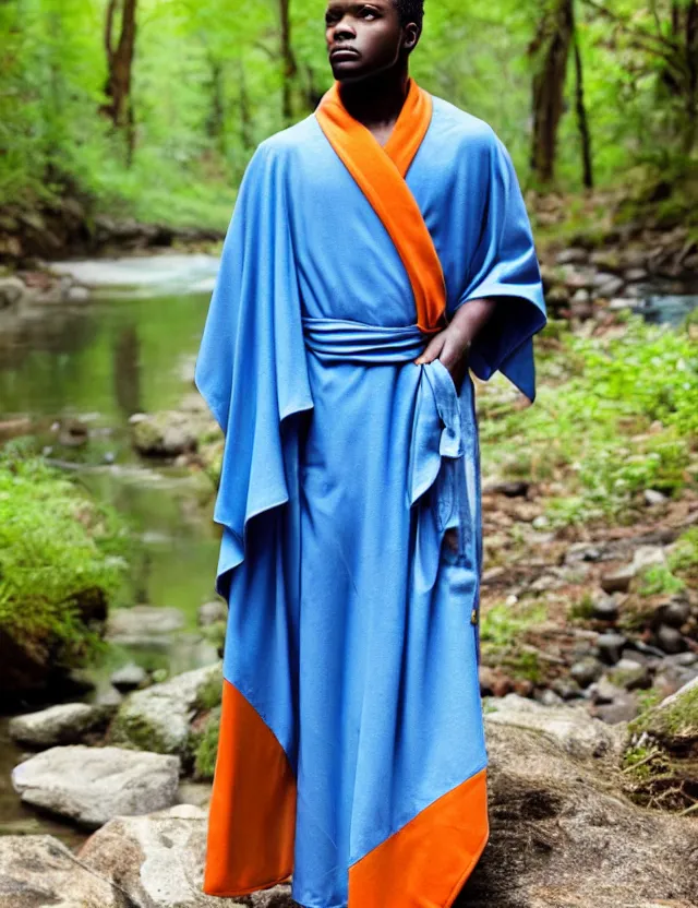 Prompt: longshot modern ancient roman toga cloak nature african american walking along small creek river in the woods marc jacobs gucci cerulean orange intricate textile robes gold