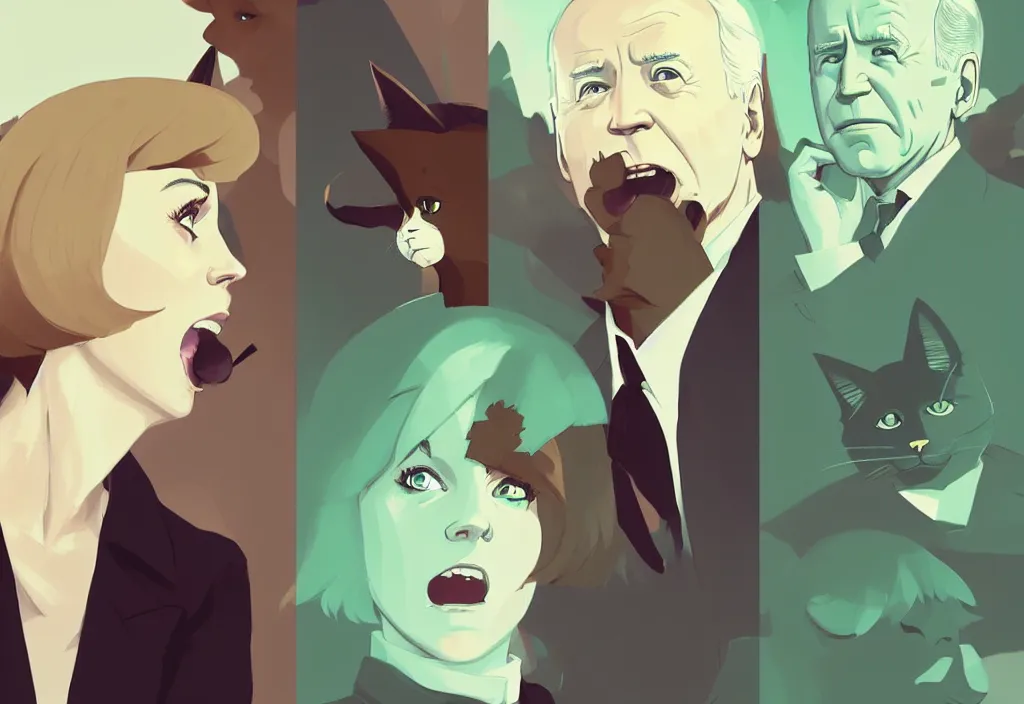 Image similar to joe biden and emma watson with cat ears, epic debates, presidental elections candidates, cnn, fox news, fantasy, by atey ghailan, by greg rutkowski, by greg tocchini, by james gilleard, by joe gb fenton, dynamic lighting, gradient light green, brown, blonde cream, salad and white colors in scheme, grunge aesthetic