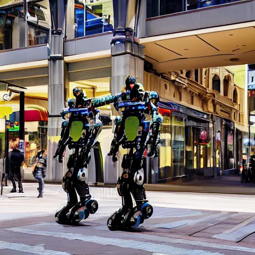 Image similar to A photo of mechanical futuristic robots walking along Rundle Mall in Adelaide, Australia, High detail, realistic photo