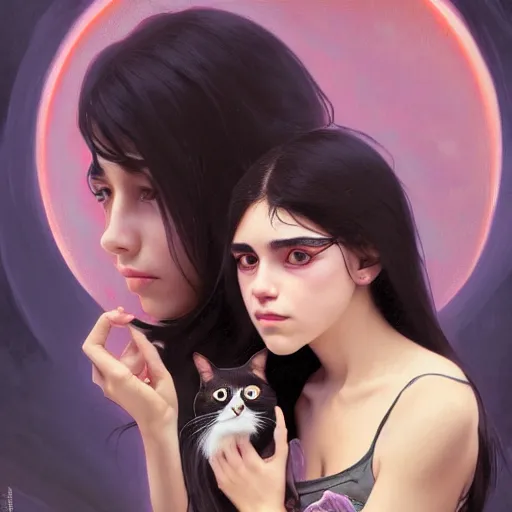 Prompt: emo mexican girl and her cat, with long dark hair, thick eyebrows!!! deep dark big shiny eyes and dark circles!, wide nose!, oval face shape, by juan villafuerte, greg rutkowski and alphonse mucha, pexels contest winner, high quality photo, rtx, hd