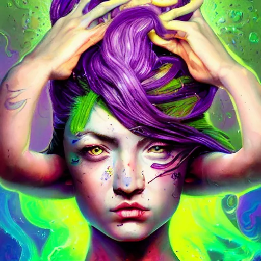 Image similar to art portrait of a furious girl with purple tentacles on her head, and bright green eyes, 8k,by tristan eaton, Stanley Artgermm,Tom Bagshaw,Greg Rutkowski,Carne Griffiths,trending on DeviantArt, face enhance,hyper detailed ,full of colour,