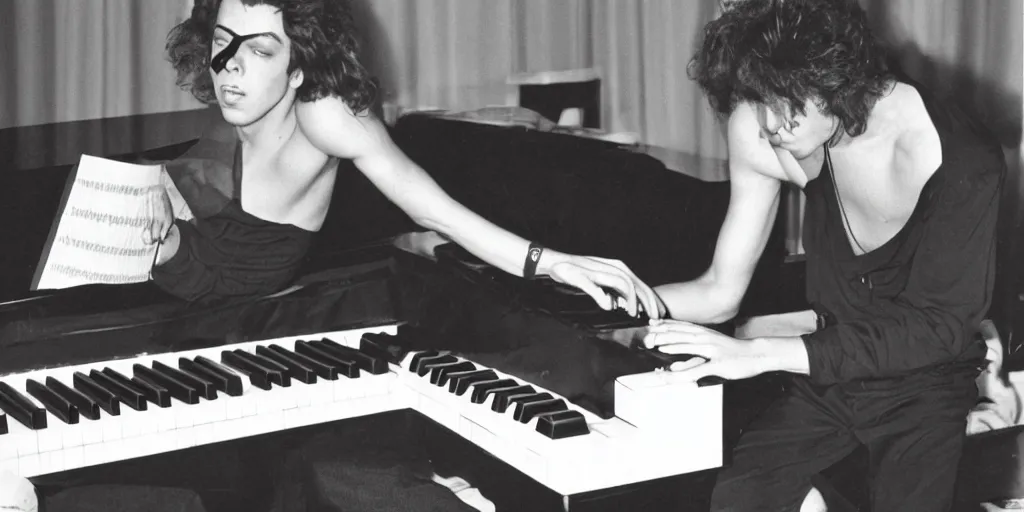 Image similar to 80s photo of Young Tim Curry laying seductively on a piano